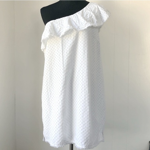 Cloth &Stone for Anthro One-Shoulder Eyelet Ruffle Mini Dress feminine coastal - Picture 4 of 14